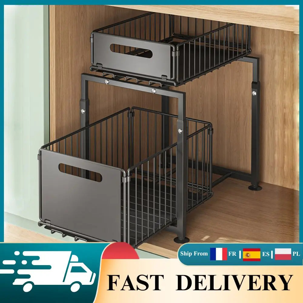 Under Sink Organizer Double Layer Pull-Out Cabinet Storage Rack Height Adjustable Carbon Steel Kitchen Multi-purpose Organizers