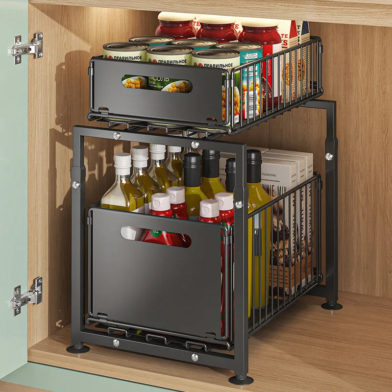 Under Sink Organizer Double Layer Pull-Out Cabinet Storage Rack Height Adjustable Carbon Steel Kitchen Multi-purpose Organizers