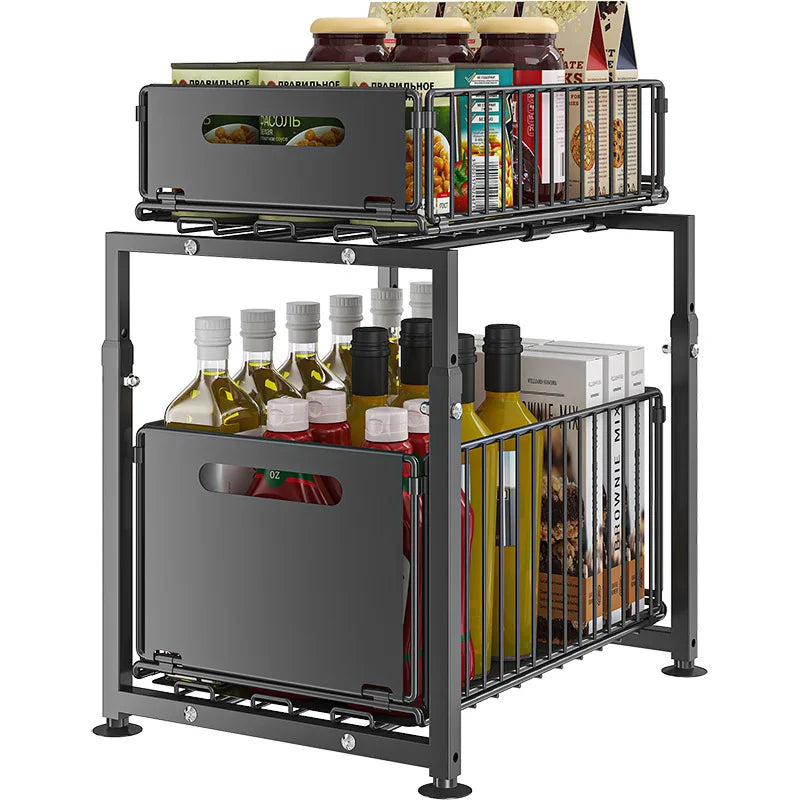 Under Sink Organizer Double Layer Pull-Out Cabinet Storage Rack Height Adjustable Carbon Steel Kitchen Multi-purpose Organizers