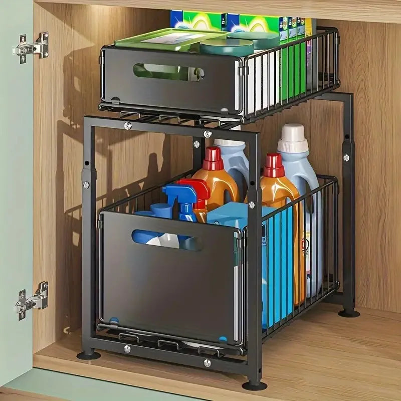 Under Sink Organizer Double Layer Pull-Out Cabinet Storage Rack Height Adjustable Carbon Steel Kitchen Multi-purpose Organizers