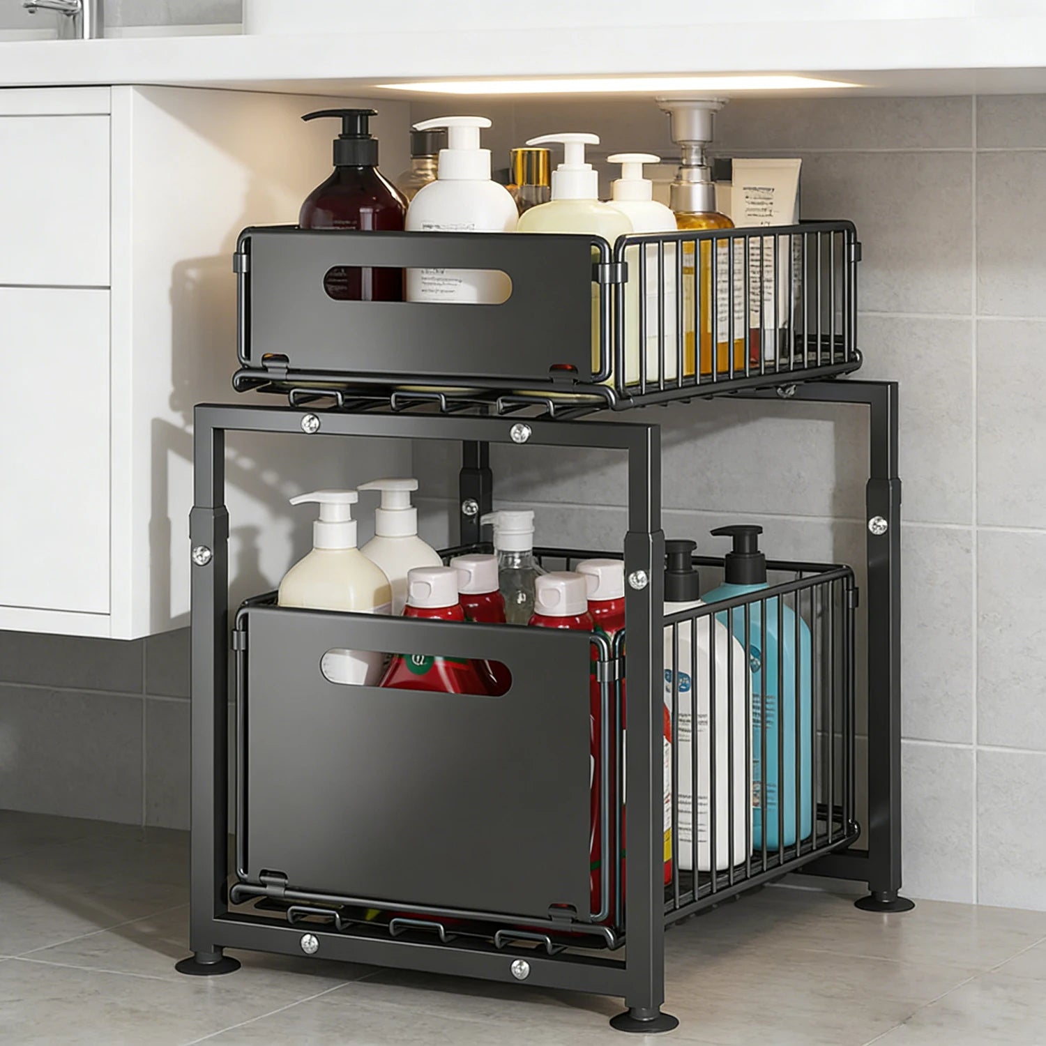 Under Sink Organizer Double Layer Pull-Out Cabinet Storage Rack Height Adjustable Carbon Steel Kitchen Multi-purpose Organizers