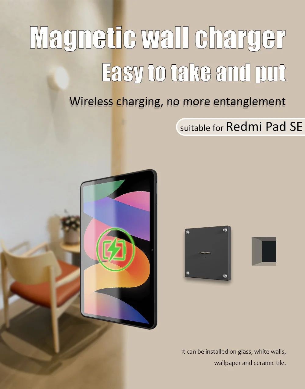 Magnetic Wall Mount with Charging Case for xiaomi redmi pad SE 11inch 18W Quick Charge Strong Magnets  in-Wall