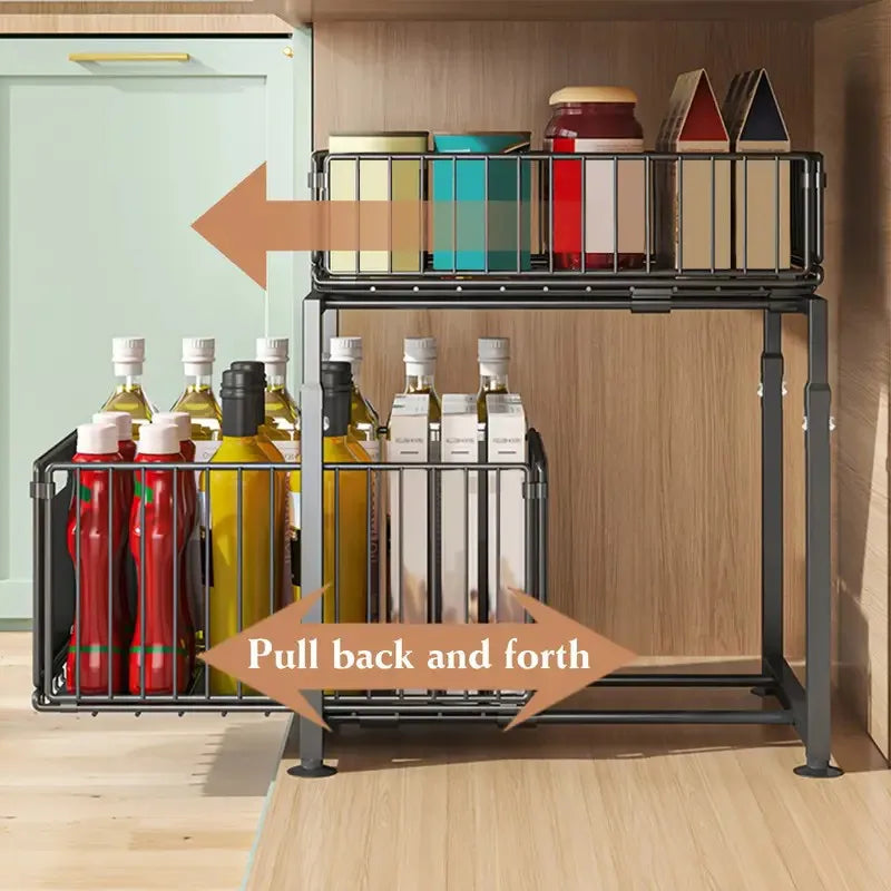Under Sink Organizer Double Layer Pull-Out Cabinet Storage Rack Height Adjustable Carbon Steel Kitchen Multi-purpose Organizers